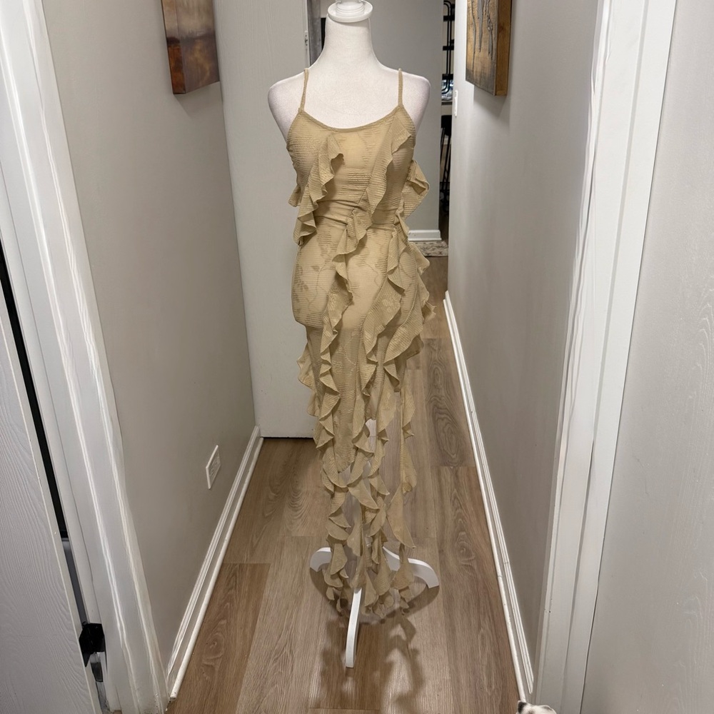 Ruffled Cascade Maxi Dress in Khaki